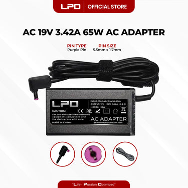 Laptop Charger Acer 19V 3.42A 65W Purple Pin 5.5mm x 1.7mm Compatible with Acer TravelMate B115, B115M, B113, B113-M