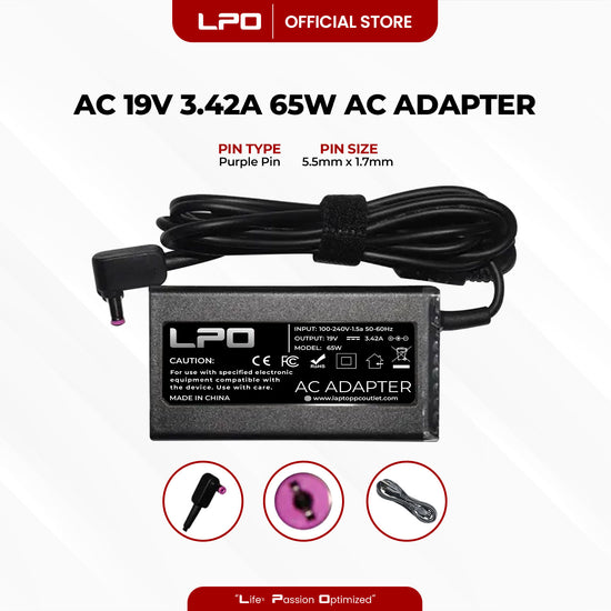 Laptop Charger Acer 19V 3.42A 65W Purple Pin 5.5mm x 1.7mm Compatible with Acer TravelMate B115, B115M, B113, B113-M