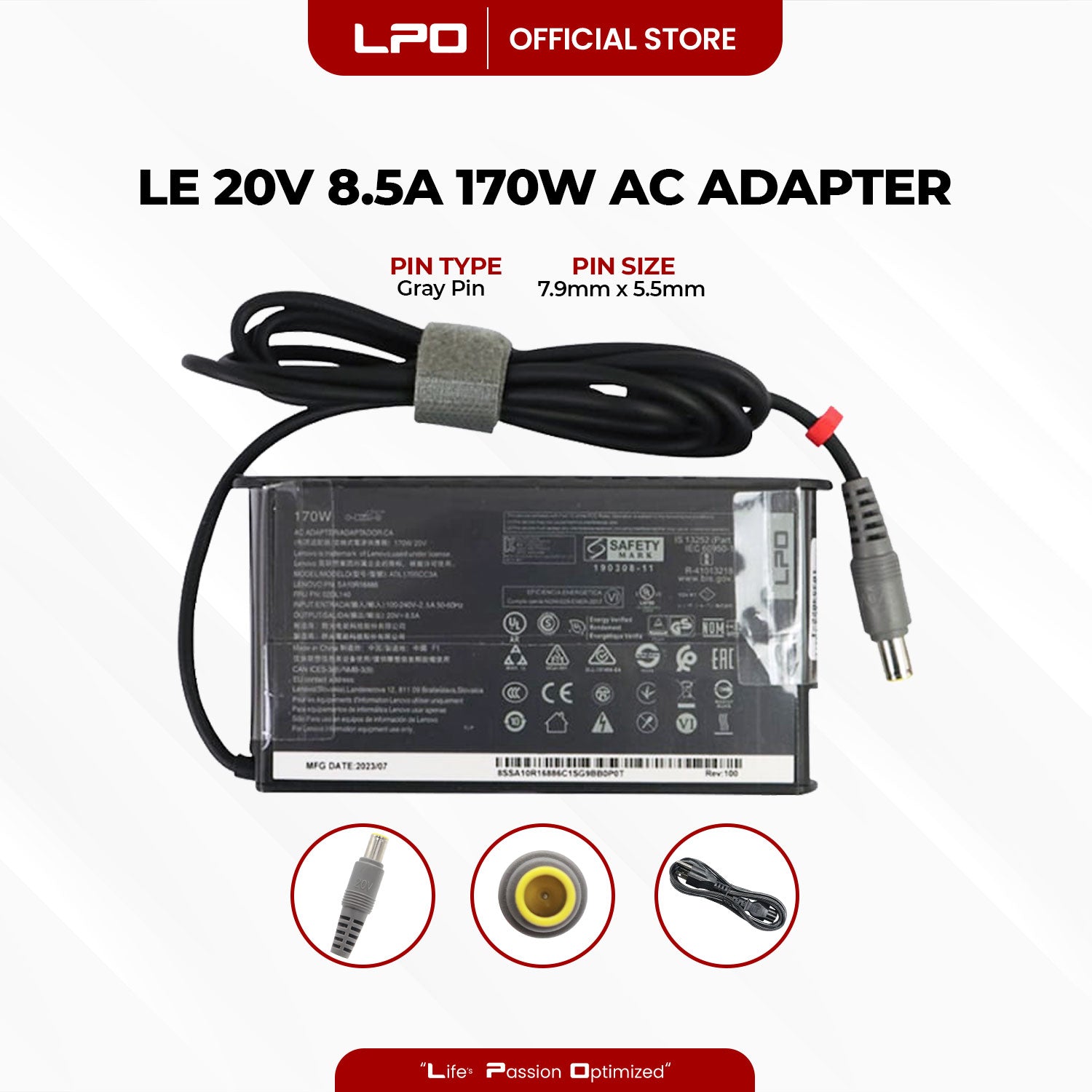 Laptop Charger Lenovo 20V 8.5A 170W Gray Pin 7.9mm x 5.5mm Compatible with Lenovo ThinkPad T520