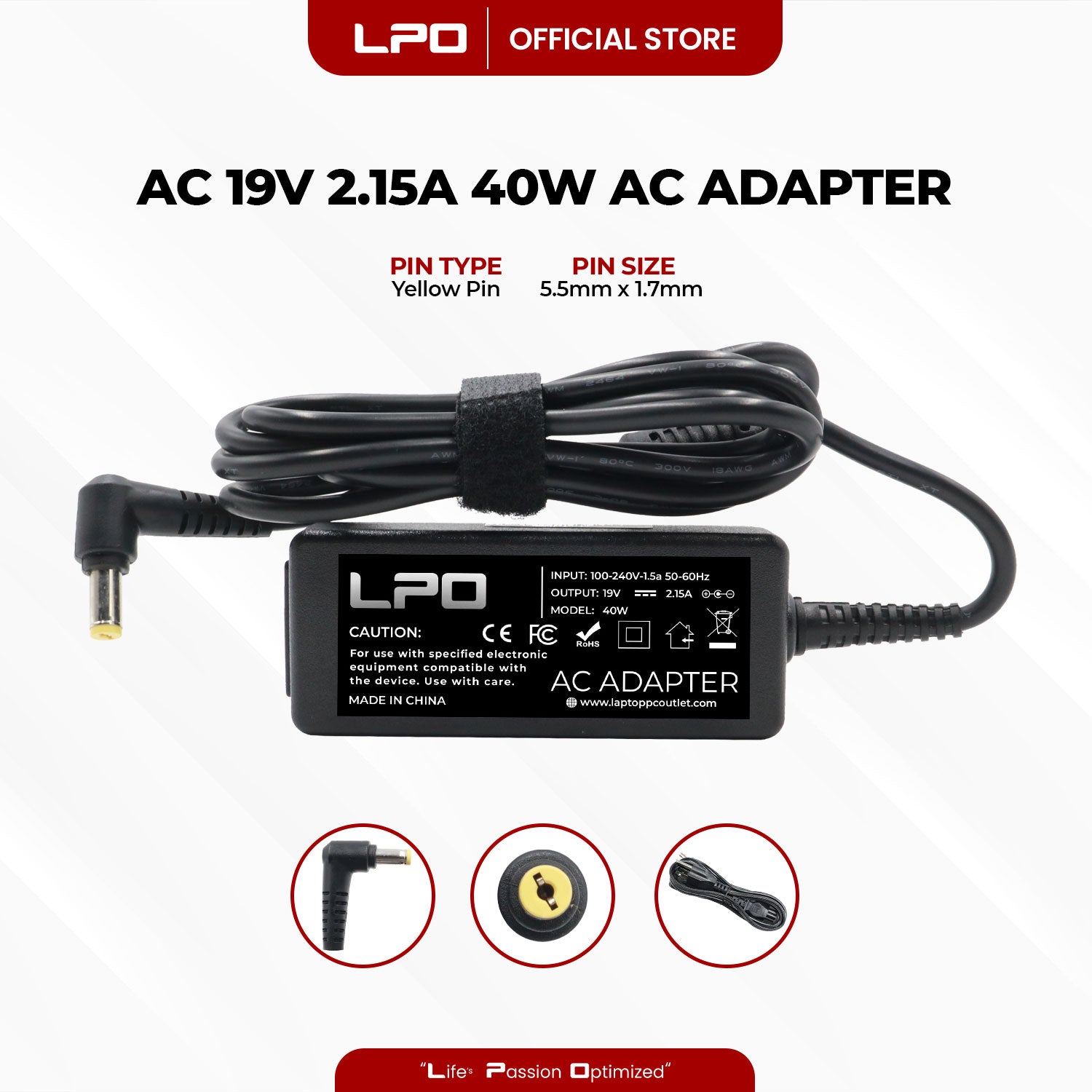 Laptop Charger Acer 19V 2.15A / 2.1A 40W Yellow Pin 5.5mm x 1.7mm Compatible with Acer Aspire One A150