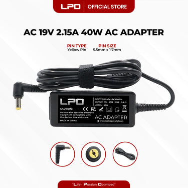 Laptop Charger Acer 19V 2.15A / 2.1A 40W Yellow Pin 5.5mm x 1.7mm Compatible with Acer Aspire One A150