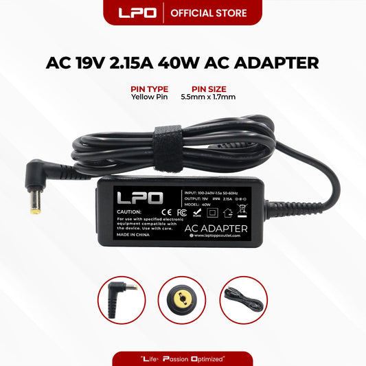 Laptop Charger Acer 19V 2.15A / 2.1A 40W Yellow Pin 5.5mm x 1.7mm Compatible with Acer Aspire One A150