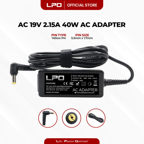 Laptop Charger Acer 19V 2.15A / 2.1A 40W Yellow Pin 5.5mm x 1.7mm Compatible with Acer Aspire One A150