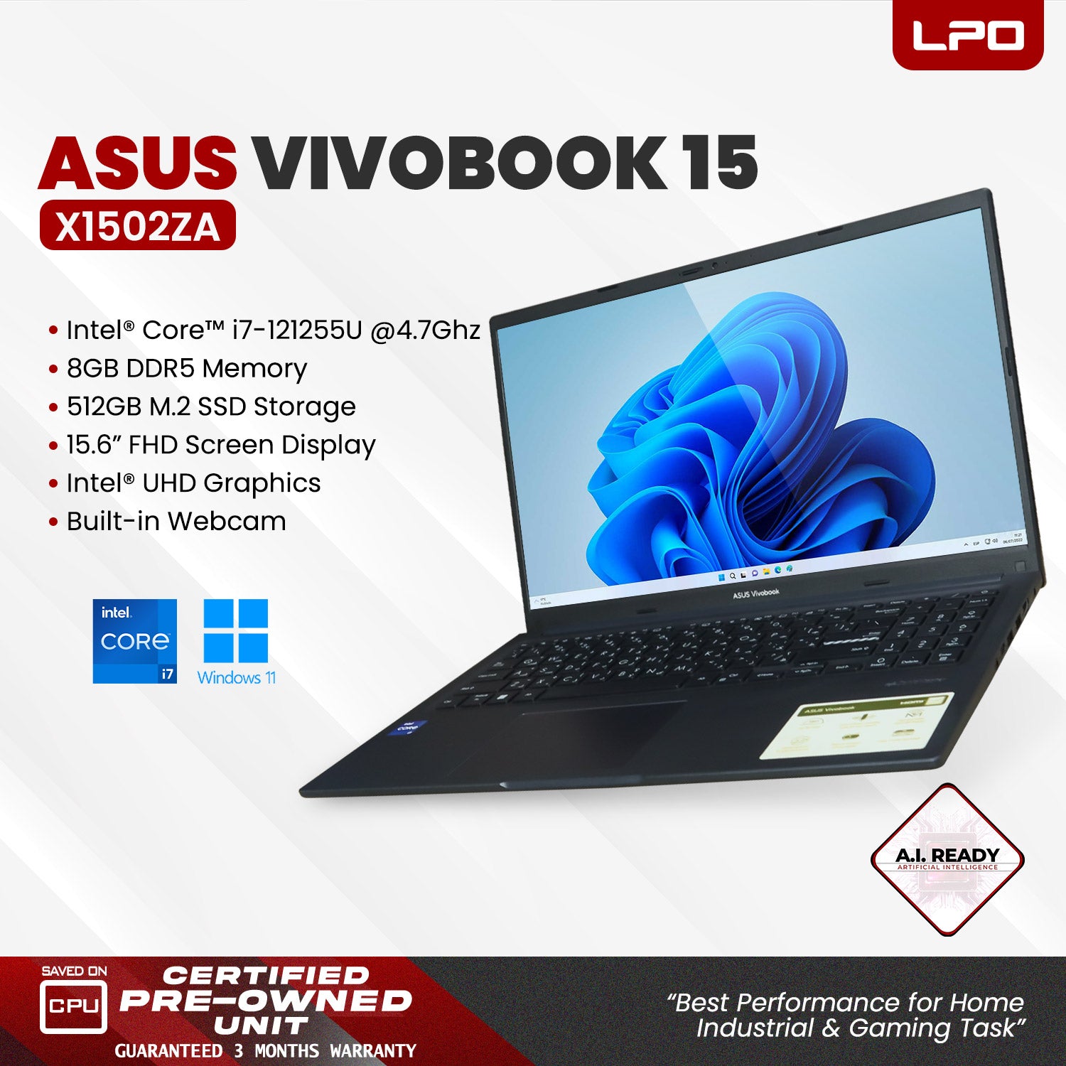 LPO Laptop Asus Vivobook 15 X1502ZA Intel Core i7-1255U @ 4.7GHz 8GB DDR4 512GB M.2 SSD Windows 11 Home 15.6
