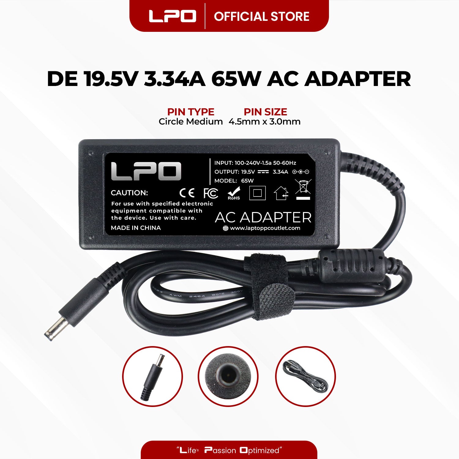 Laptop Charger Dell 19.5V 3.34A 65W Circle Medium 4.5mm x 3.0mm Compatible with Dell Inspiron 14 5480