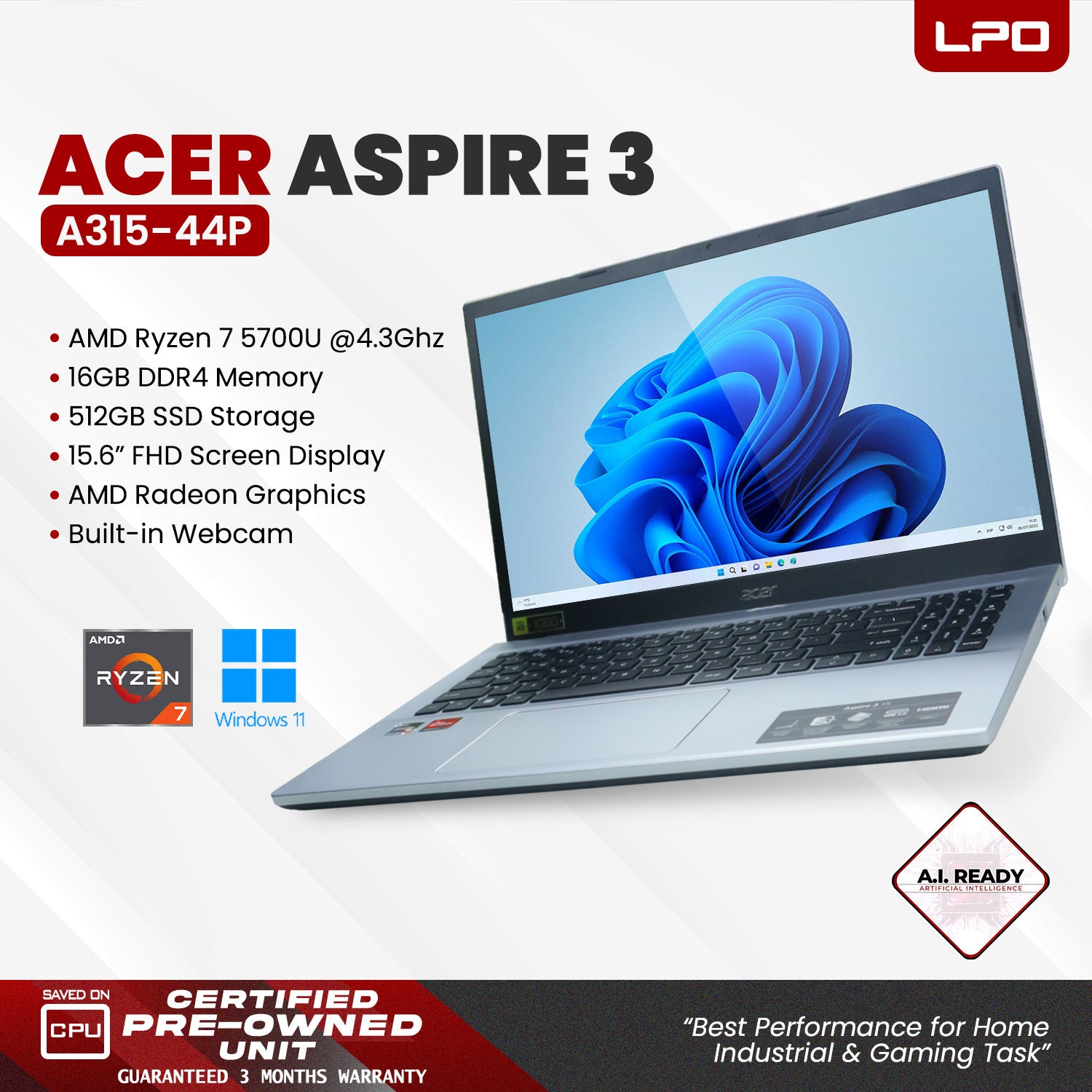 LPO Laptop Acer Aspire 3 A315-44P RYZEN 7 5700U @4.3Ghz 16GB DDR4 512GB SSD Win 11 Pro 15.6