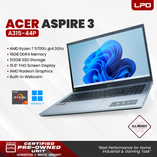 LPO Laptop Acer Aspire 3 A315-44P RYZEN 7 5700U @4.3Ghz 16GB DDR4 512GB SSD Win 11 Pro 15.6" FHD 1920*1080 AMD Radeon Graphics