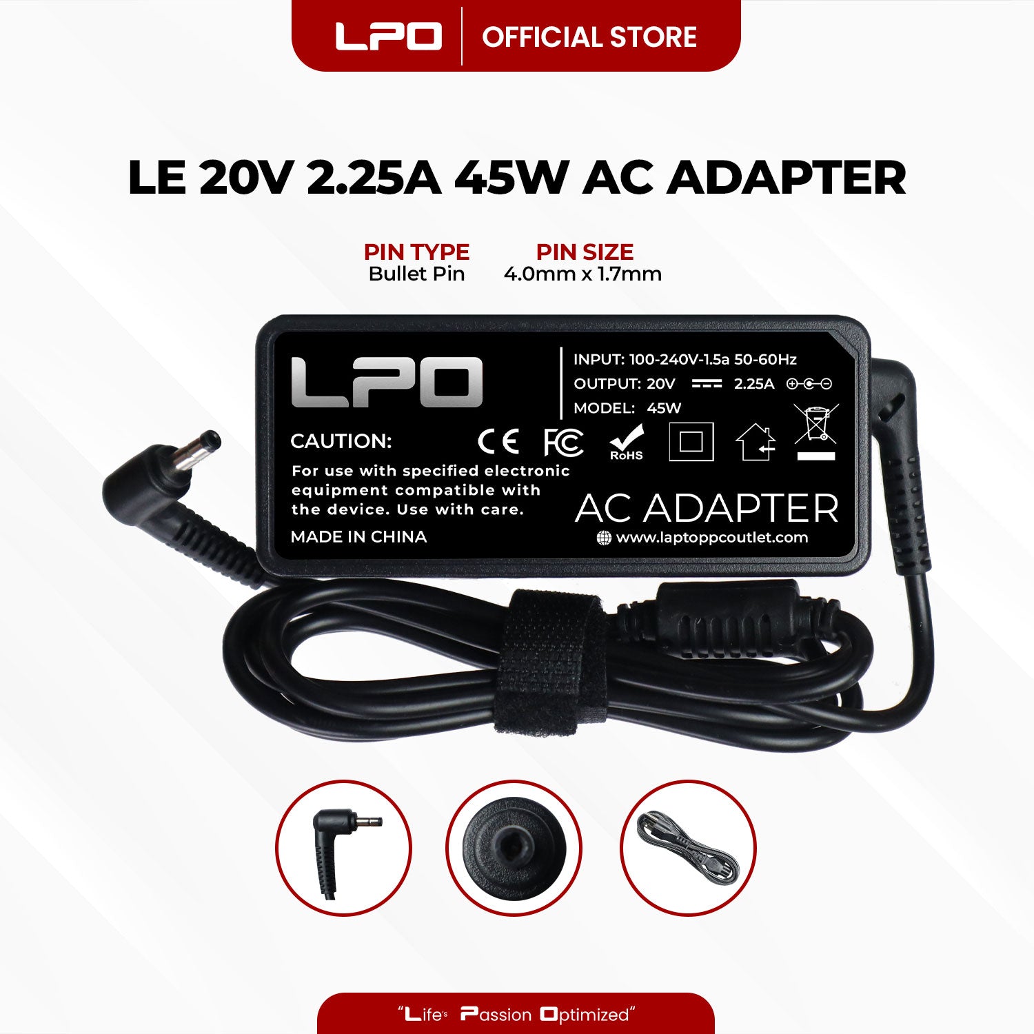 Laptop Charger Lenovo 20V 2.25A 45W Bullet Pin 4.0mm x 1.7mm Compatible with Lenovo Yoga C640-13IML