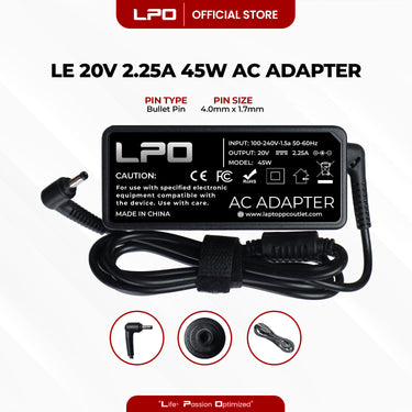 Laptop Charger Lenovo 20V 2.25A 45W Bullet Pin 4.0mm x 1.7mm Compatible with Lenovo Yoga C640-13IML