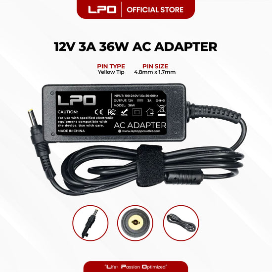 Laptop Charger Asus 12V 3A 36W Yellow Tip 4.8mm x 1.7mm Compatible with Asus Eee PC 900 900A 900HA 901 1000 Series