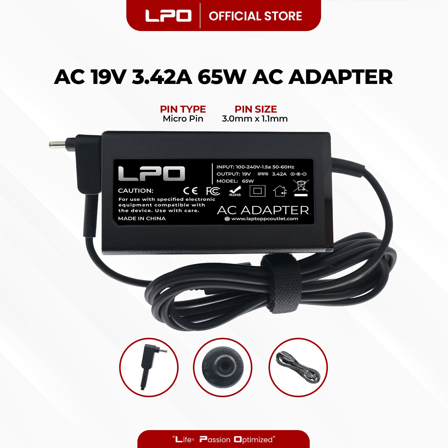 Laptop Charger Acer 19V 3.42A 65W Micro Pin 3.0mm x 1.1mm Compatible with Acer Swift 3 SF314-52G