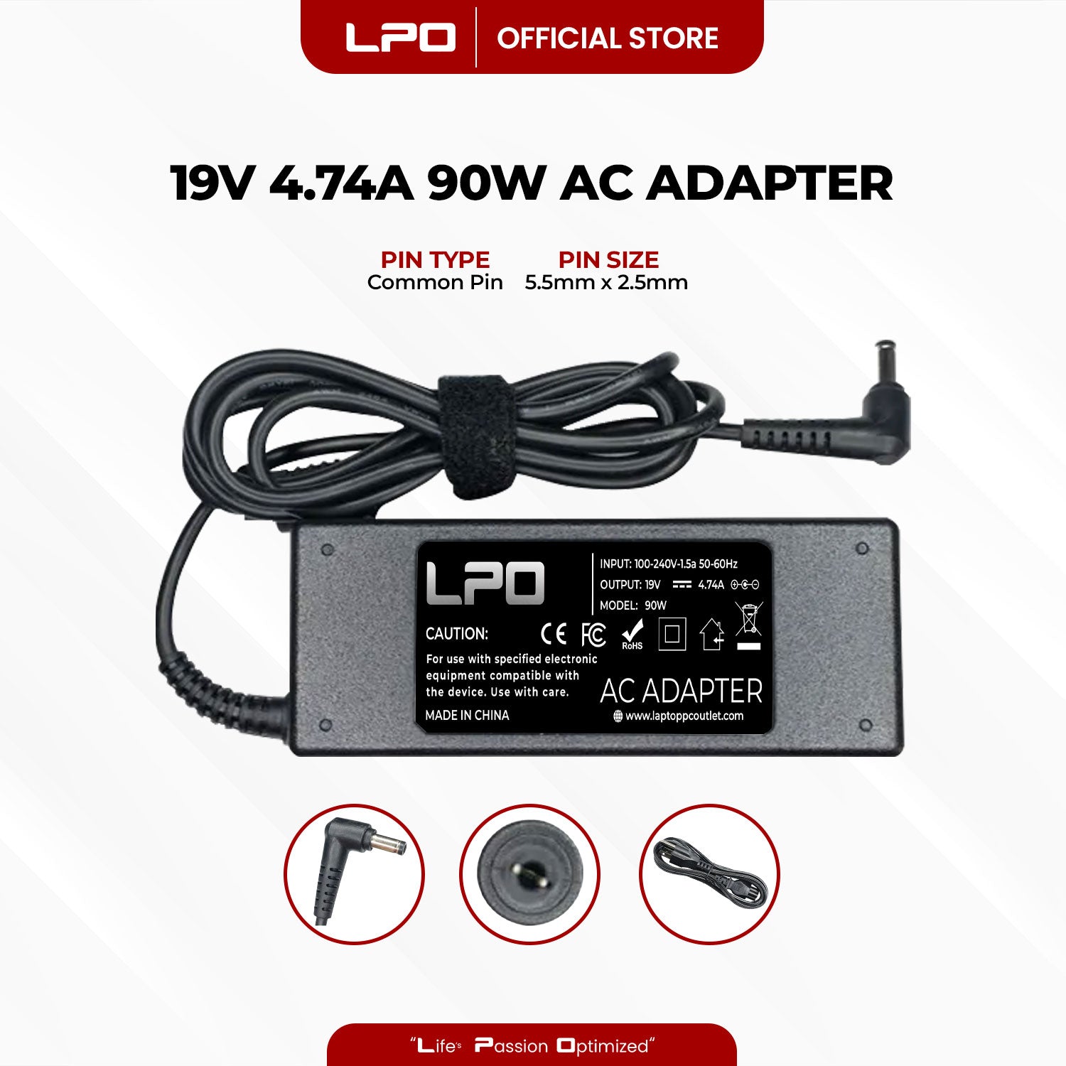 Laptop Charger Asus 19V 4.74A 90W Common Pin 5.5mm x 2.5mm Compatible with Asus A7 A8 F3 F5 F6 F8 F9 Series