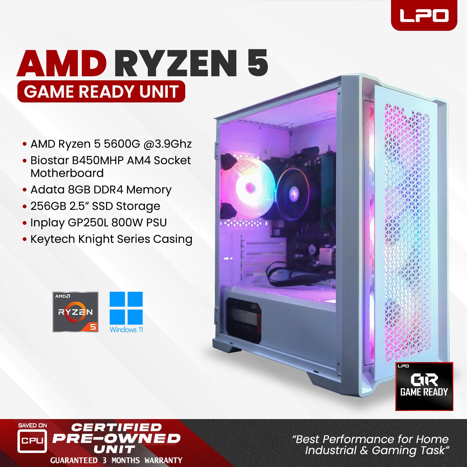 Gaming unit Ryzen 5 5600G @3.9GHz Biostar B450MHP AM4 Motherboard ADATA 8GB DDR4 256GB 2.5