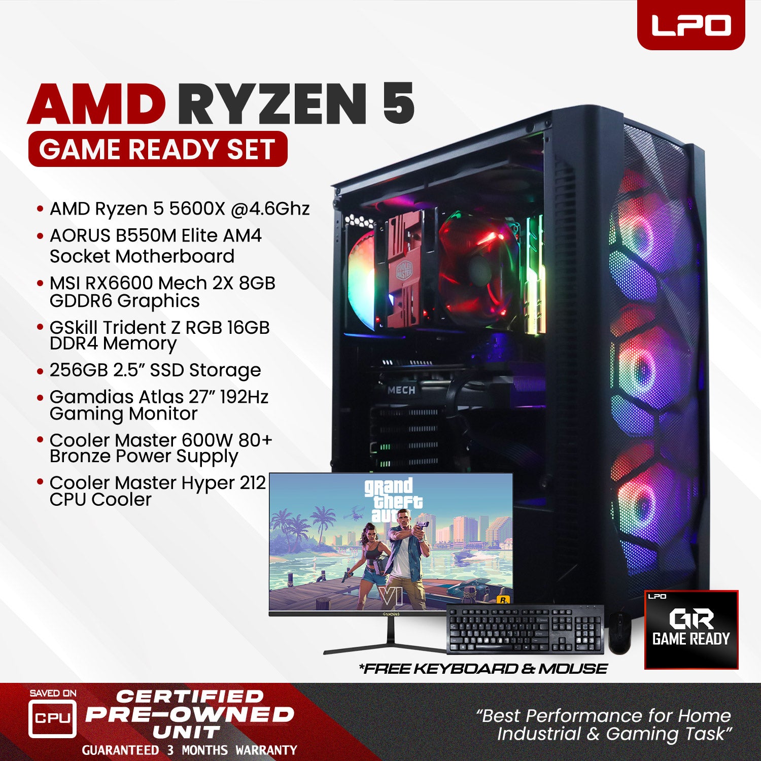 Gaming Desktop Computer AMD Ryzen 5 5600X @4.6Ghz B550M Elite AM4 Socket RX6600 Mech 2x 8GB GDDR6 Trident Z RGB 16GB DDR4 256GB 2.5