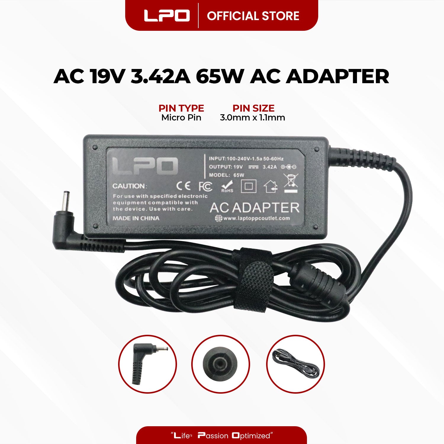 Laptop Charger Acer 19V 3.42A 65W Micro Pin 3.0mm x 1.1mm Compatible with Acer Aspire 5 A514-52KG