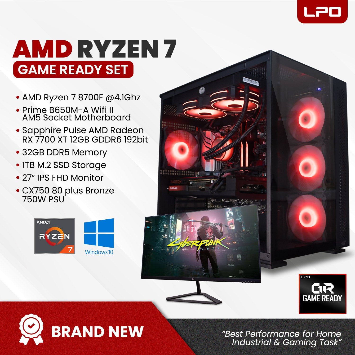 Gaming Desktop Computer AMD Ryzen 7 8700F 4.1Ghz Asus Prime B650M-A Wifi II AM5 Socket Motherboard Sapphire Pulse AMD Radeon RX 7700 XT 12GB GDDR6 192bit 32GB DDR5 1TB M.2 SSD 27