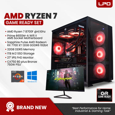 Gaming Desktop Computer AMD Ryzen 7 8700F 4.1Ghz Asus Prime B650M-A Wifi II AM5 Socket Motherboard Sapphire Pulse AMD Radeon RX 7700 XT 12GB GDDR6 192bit 32GB DDR5 1TB M.2 SSD 27