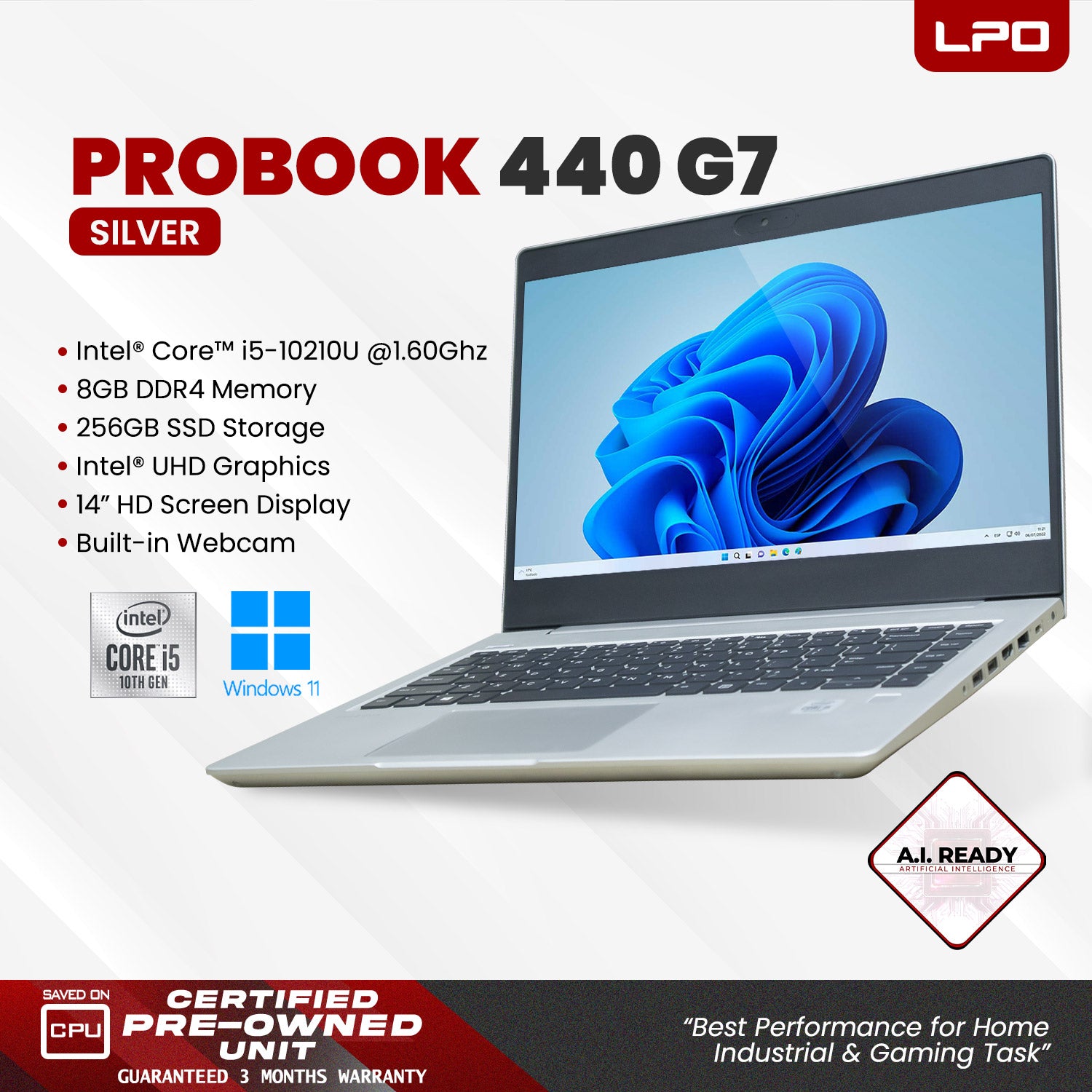 Laptop HP PROBOOK 440 G7 Intel Core i5-10210U 1.60Ghz 8GB DDR4 256GB SSD Intel UHD Graphics 14.0