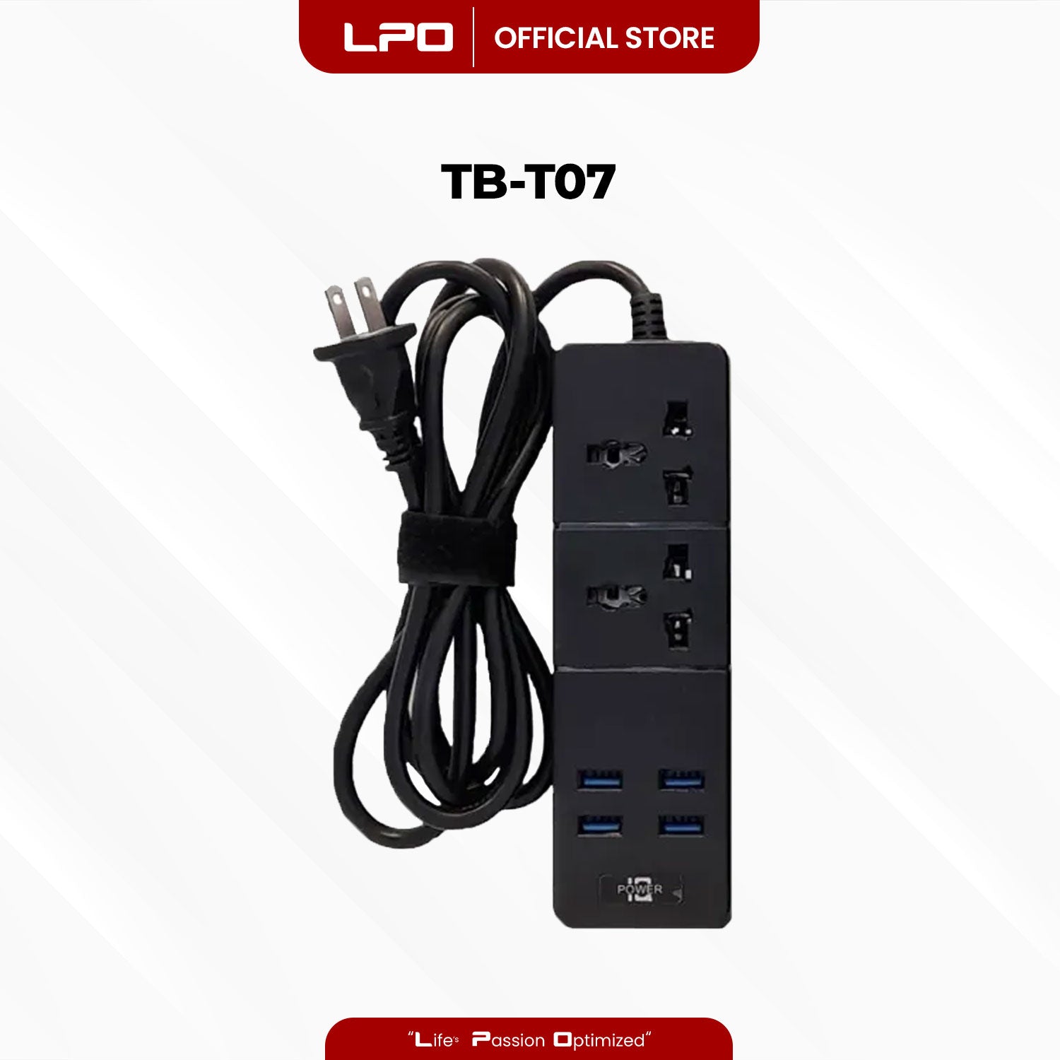 Power Extension Cord TB-T07 4 USB Port 2 Universal Plug Port 2500W-10A/110-250V 5V = 3.1A 2m Length