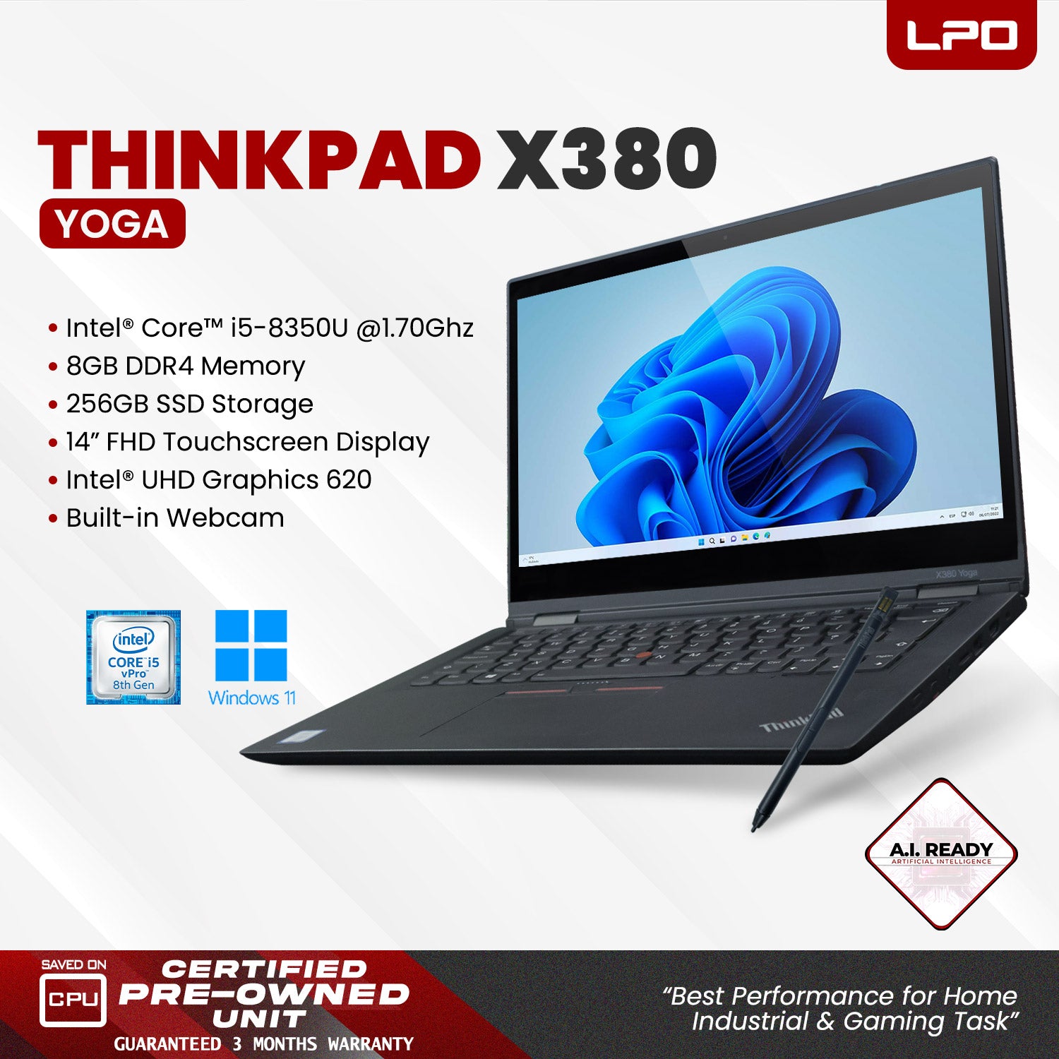 Laptop Lenovo Thinkpad X380 Yoga Intel Core i5-8350U 1.70Ghz 8GB DDR4 256GB SSD Intel UHD 620 14.0