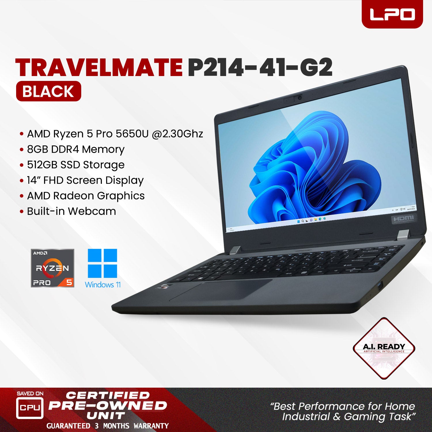 Laptop Acer Travelmate P214-41-G2 AMD Ryzen 5 Pro 5650 2.30Ghz 8GB DDR4 512GB SSD AMD Radeon Graphics 14.0