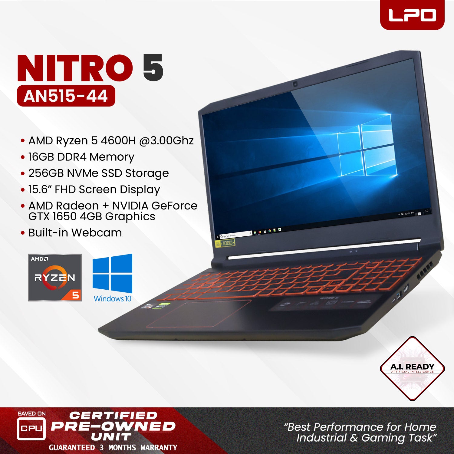 Laptop Acer Nitro 5 AN515-44 AMD Ryzen 5 4600H 3.00Ghz 16GB DDR4 256GB NVMe SSD AMD Radeon + NVIDIA GeForce GTX 1650 4GB 15.6