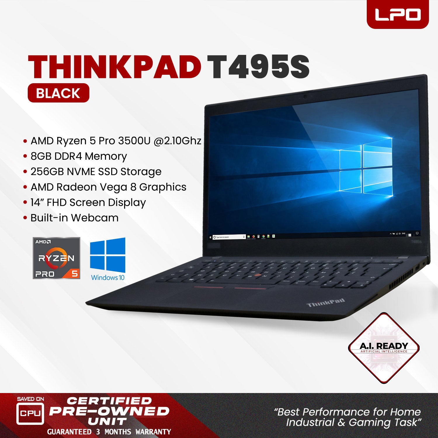 Laptop Lenovo Thinkpad T495S AMD Ryzen 5 Pro 3500U 2.10Ghz 8GB DDR4 256GB NVMe SSD AMD Radeon Vega 8 14.0