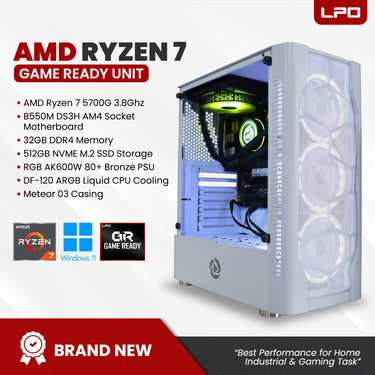 Gaming Unit AMD Ryzen 7 5700G 3.8Ghz B550M DS3H AM4 Socket 32GB DDR4 512GB NVME M.2 SSD RGB AK600W 80+ Bronze DF-120 ARGB Liquid CPU Cooling Meteor 03 Casing (Game Ready)