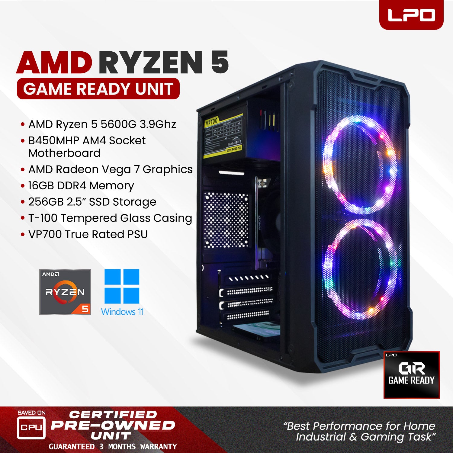 Gaming Unit AMD Ryzen 5 5600G 3.9Ghz B450MHP AM4 Socket AMD Radeon Vega 7 16GB DDR4 256GB 2.5