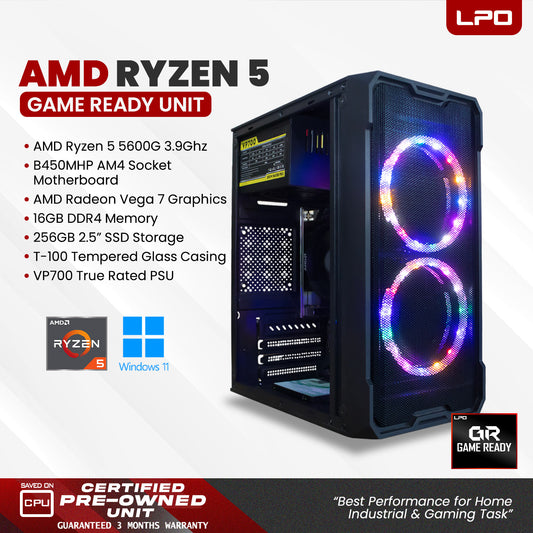 Gaming Unit AMD Ryzen 5 5600G 3.9Ghz B450MHP AM4 Socket AMD Radeon Vega 7 16GB DDR4 256GB 2.5" SSD VP700 True Rated PSU T-100 Tempered Glass Casing (Game Ready)