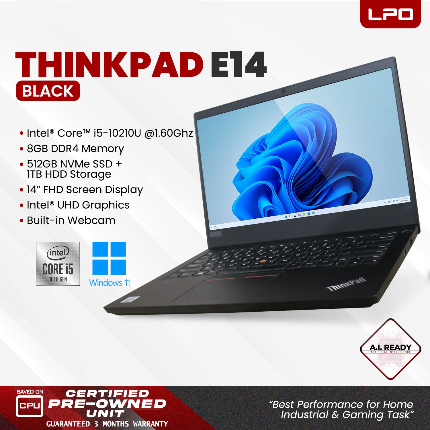 Laptop Lenovo Thinkpad E14 Intel Core i5-10210U CPU @1.60GHz 8GB DDR4 512GB SSD NVMe + 1TB HDD 14