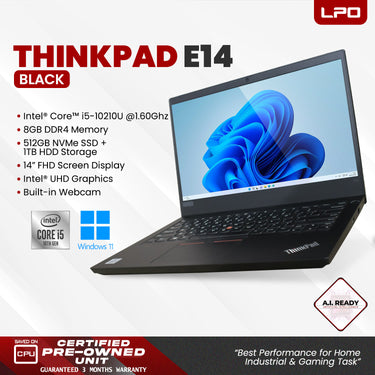 Laptop Lenovo Thinkpad E14 Intel Core i5-10210U CPU @1.60GHz 8GB DDR4 512GB SSD NVMe + 1TB HDD 14