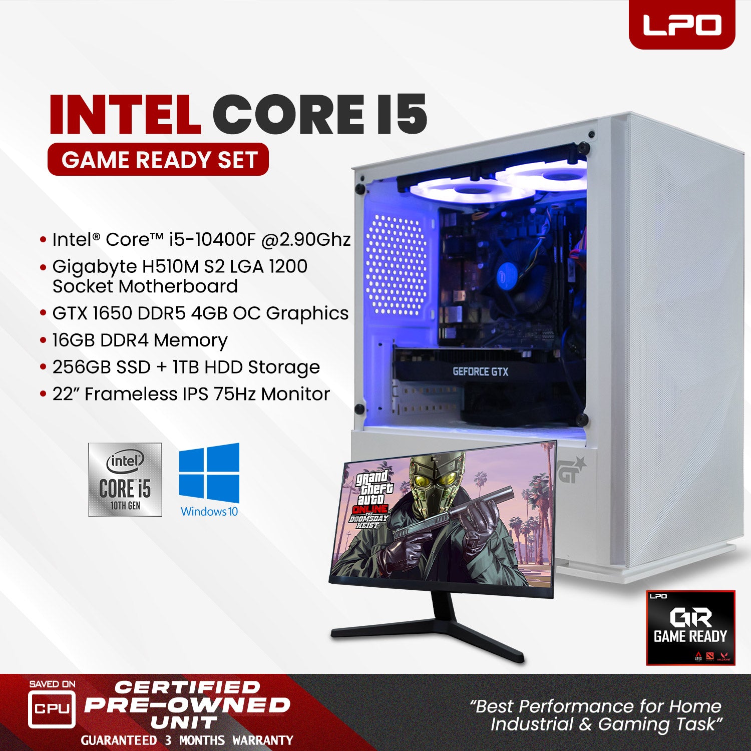 Gaming Desktop Computer Intel Core i5-10400F 2.90Ghz Gigabyte H510M S2 LGA 1200 Socket Motherboard GTX 1650 DDR5 4GB OC 16GB DDR4 256GB SSD + 1TB HDD 22