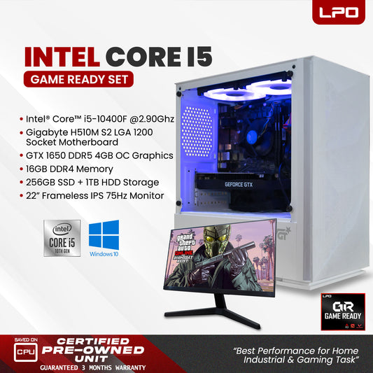 Gaming Desktop Computer Intel Core i5-10400F 2.90Ghz Gigabyte H510M S2 LGA 1200 Socket Motherboard GTX 1650 DDR5 4GB OC 16GB DDR4 256GB SSD + 1TB HDD 22" Frameless IPS 75Hz Monitor (Game Ready Set)
