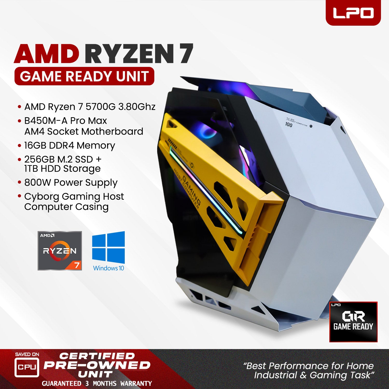 Gaming Unit AMD Ryzen 7 5700G 3.80Ghz B450M-A Pro Max AM4 Socket Motherboard 16GB DDR4 256GB M.2 SSD + 1TB HDD 800W Power Supply Gaming Host Computer Casing (Game Ready)