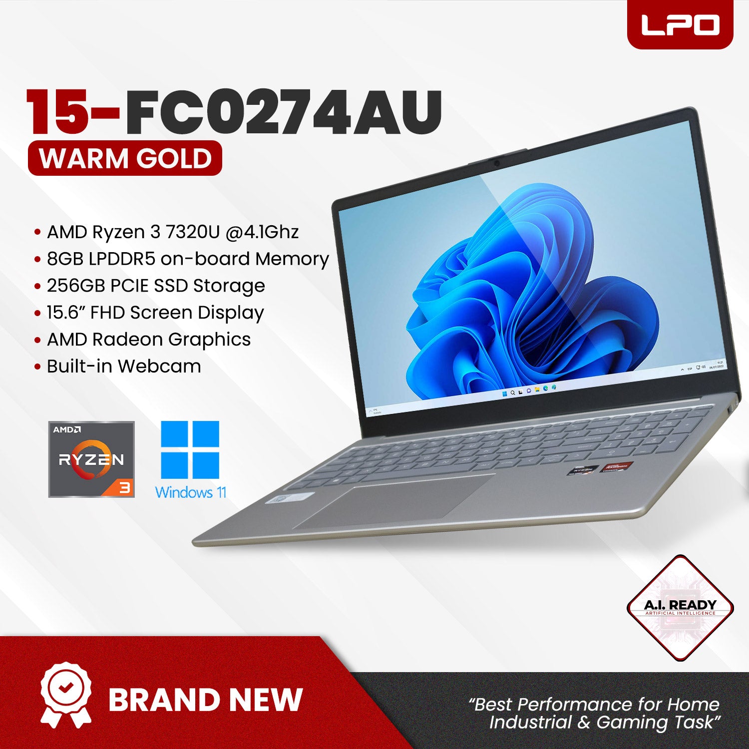 LPO HP 15-FC0274AU AMD Ryzen 3 7320U 4.1Ghz 8GB LPDDR5 256GB PCIE SSD AMD Rageon 15.6
