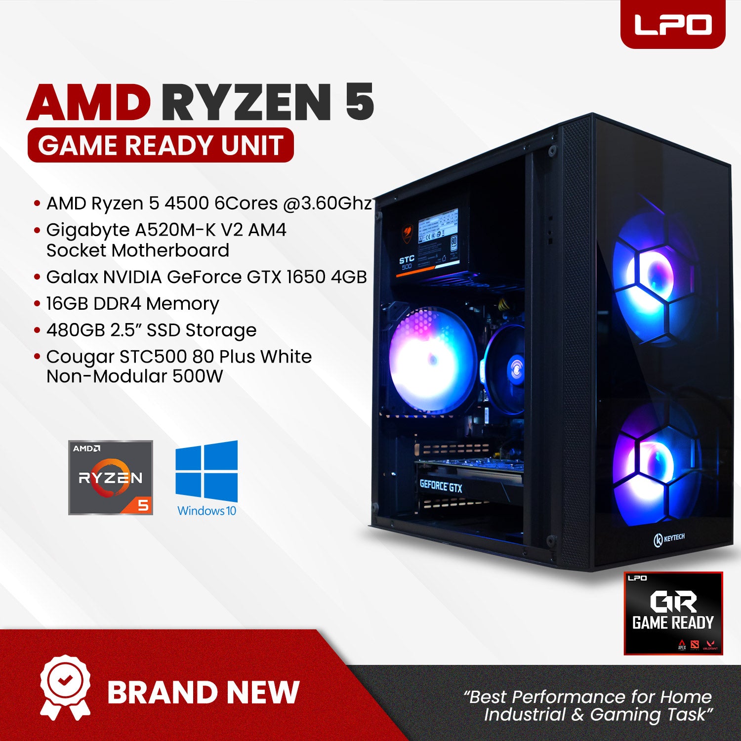 Gaming Desktop Unit AMD Ryzen 5 4500 6Cores 3.60Ghz A520M-K V2 AM4 Socket Motherboard NVIDIA GeForce GTX 1650 4GB 16GB DDR4 480GB 2.5