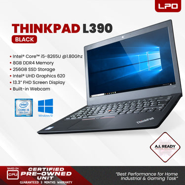 LPO Laptop Lenovo Thinkpad L390 Intel® Core™ i5-8265U CPU @1.60GHz 8GB DDR4 256GB SSD Windows 10 Pro 13.3