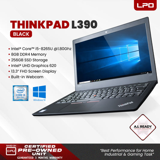 LPO Laptop Lenovo Thinkpad L390 Intel® Core™ i5-8265U CPU @1.60GHz 8GB DDR4 256GB SSD Windows 10 Pro 13.3" FHD 1920 x 1080 Intel® HD Graphics 620