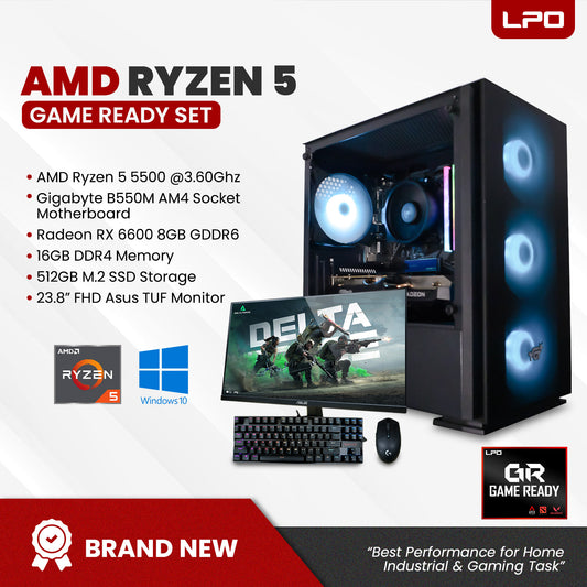 Gaming Desktop Computer AMD Ryzen 5 5500 3.60Ghz Gigabyte B550M AM4 Socket Motherboard Radeon RX 6600 8GB GDDR6 16GB DDR4 512GB M.2 SSD 23.8" FHD Asus TUF Monitor (Game Ready Set)