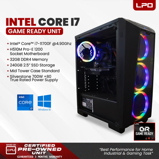 Gaming Unit Intel Core i7-11700F 4.90Ghz H510M Pro-E 1200 Socket Motherboard 32GB DDR4 240GB 2.5" SSD Mid Tower Case Silverstone 700W +80 True Rated Power Supply (Game Ready)
