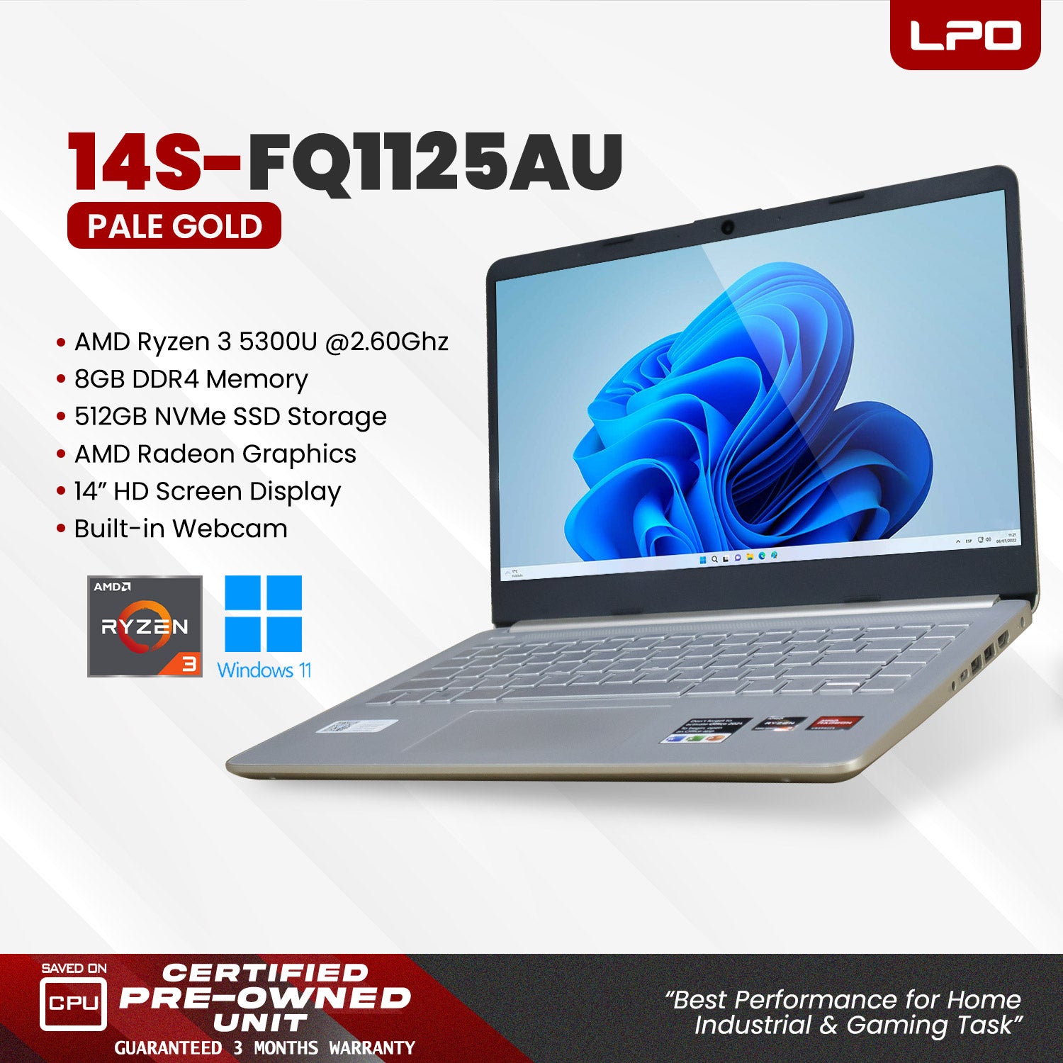 Laptop HP 14S-FQ1125AU AMD Ryzen 3 5300U 2.60Ghz 8GB DDR4 512GB NVMe SSD AMD Radeon 14.0