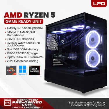 LPO Gaming Unit AMD Ryzen 5 5500 @3.5Ghz B450MHP AM4 Socket RX580 8GB DV360S Wave Series CPU Liquid Cooler Elite 16GB DDR4 256GB 2.5