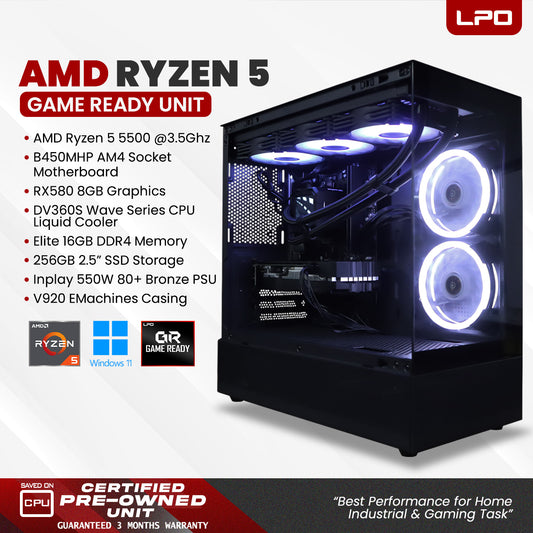 LPO Gaming Unit AMD Ryzen 5 5500 @3.5Ghz B450MHP AM4 Socket RX580 8GB DV360S Wave Series CPU Liquid Cooler Elite 16GB DDR4 256GB 2.5" SSD 550W 80+ Bronze V920 EMachines
