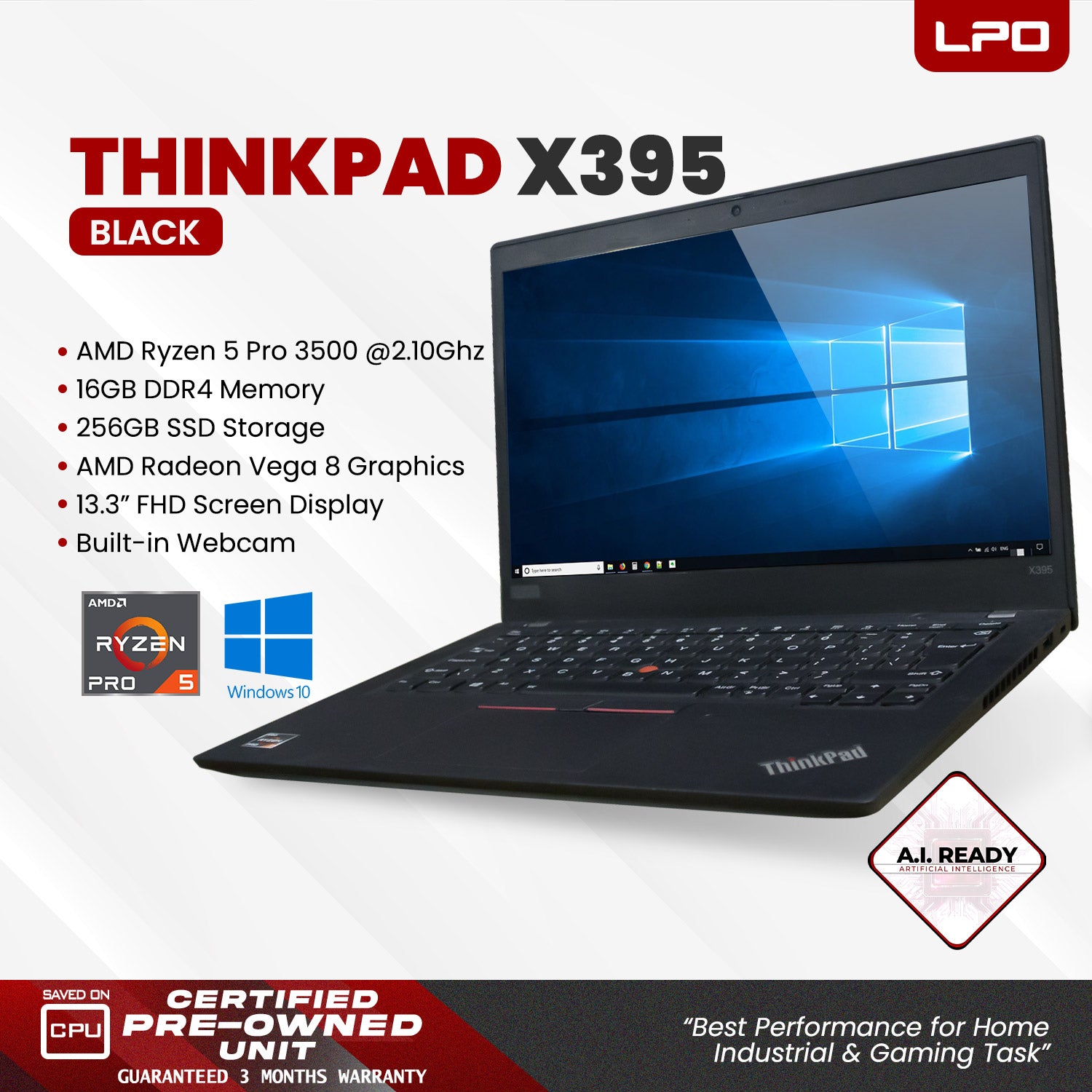 Laptop Lenovo Thinkpad X395 AMD Ryzen 5 Pro 3500 2.10Ghz 16GB DDR4 256GB SSD AMD Radeon Vega 8 13.3