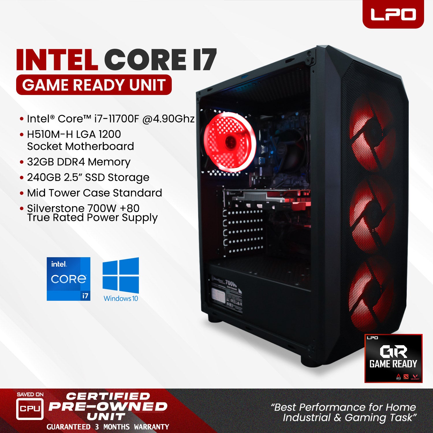 Gaming Unit Intel Core i7-11700F 4.90Ghz H510M-H LGA 1200 Socket Motherboard 32GB DDR4 240GB 2.5