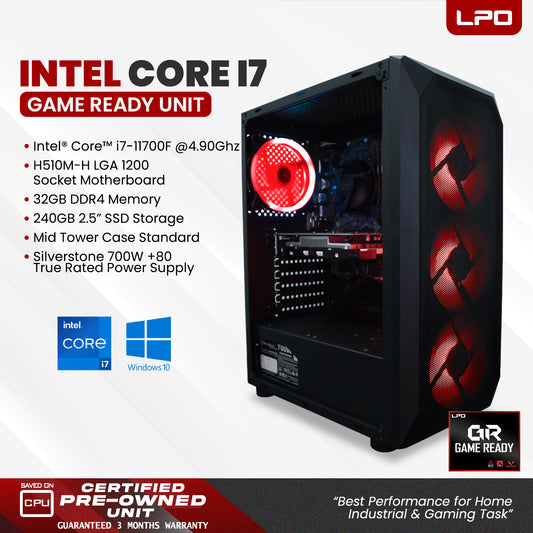 Gaming Unit Intel Core i7-11700F 4.90Ghz H510M-H LGA 1200 Socket Motherboard 32GB DDR4 240GB 2.5" SSD Mid Tower Case Silverstone 700W +80 True Rated Power Supply (Game Ready)