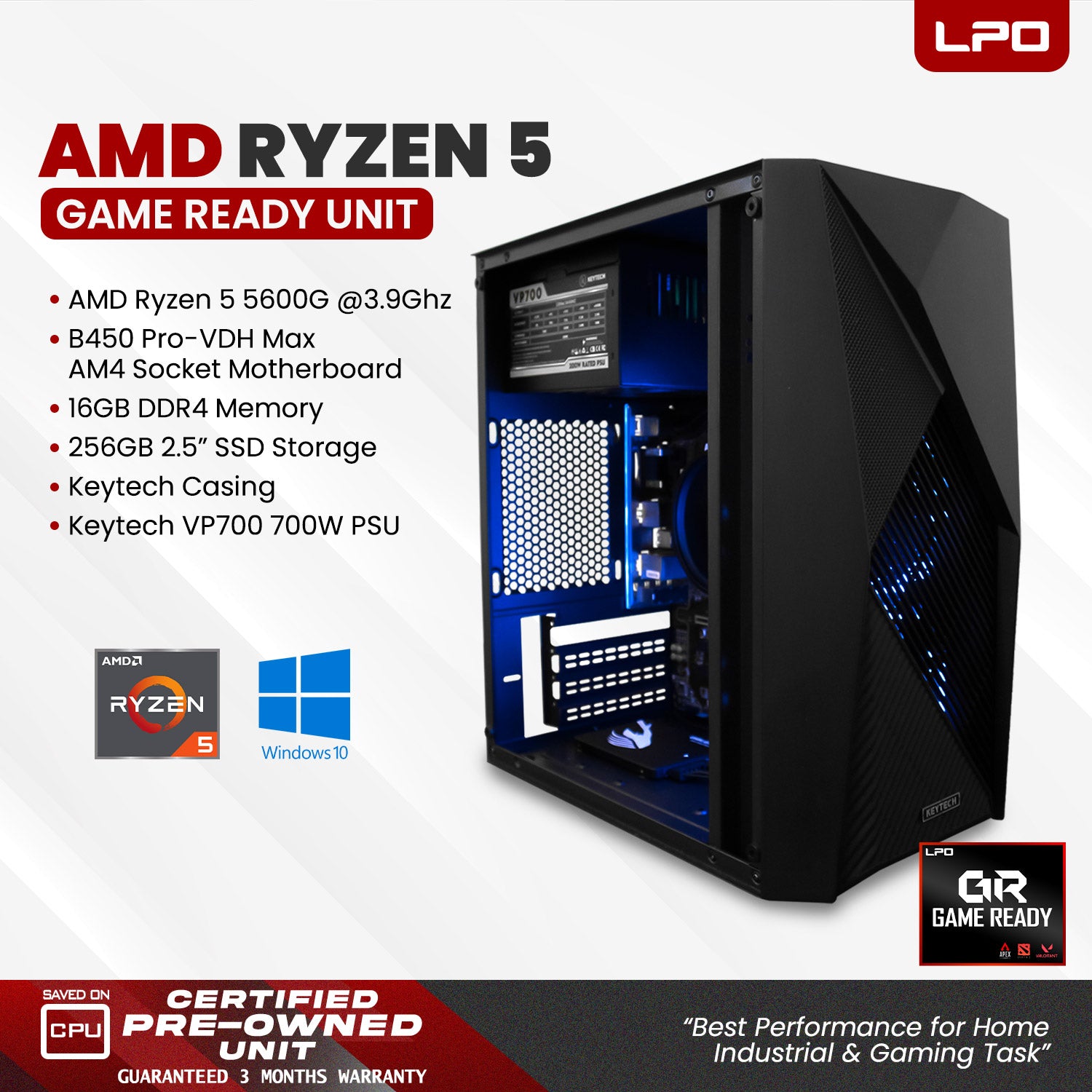 Gaming Unit AMD Ryzen 5 5600G 3.9Ghz B450 Pro-VDH Max AM4 Socket Motherboard 16GB DDR4 256GB 2.5