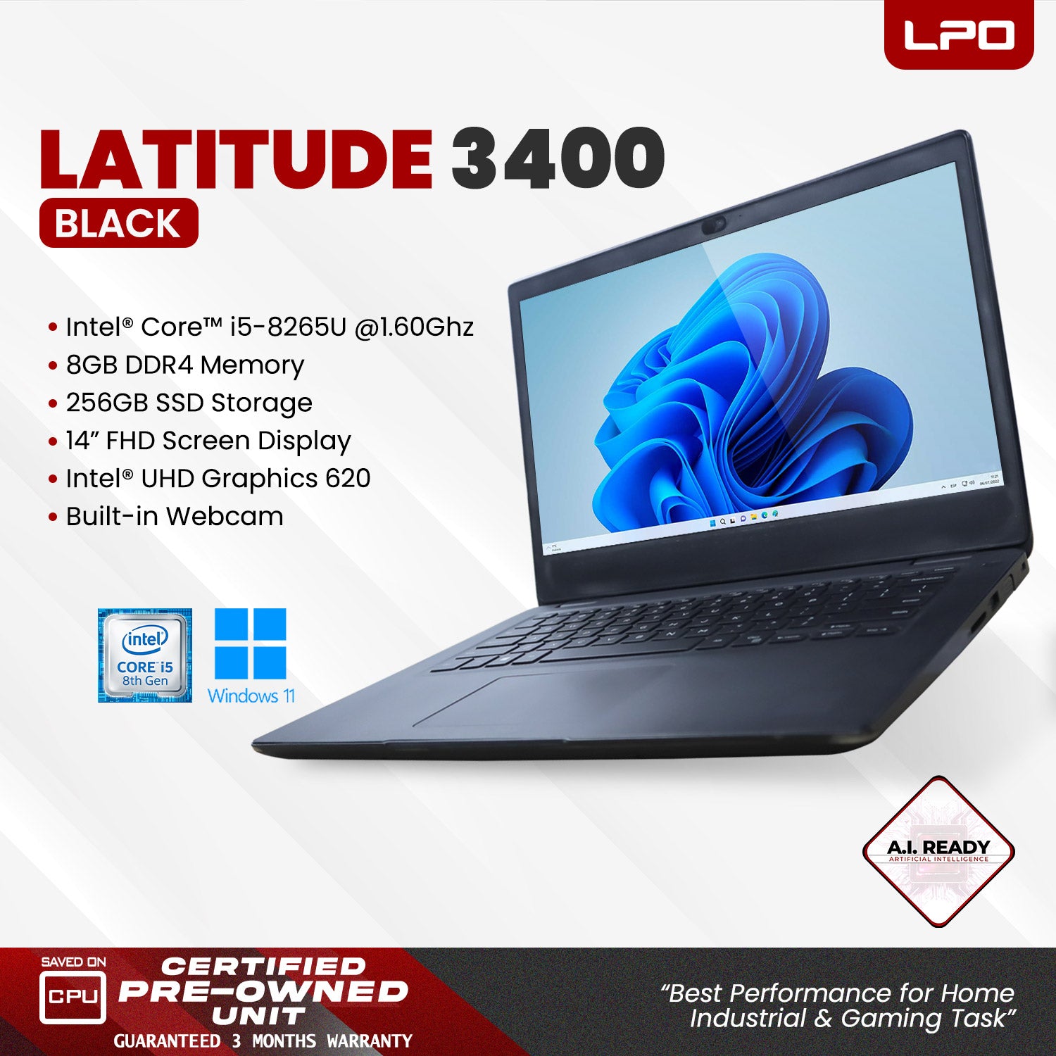 LPO Laptop Dell Latitude 3400 Black Intel Core i5-8265U 1.60Ghz 8Gb DDR4 256GB SSD Intel UHD Graphics 620 14