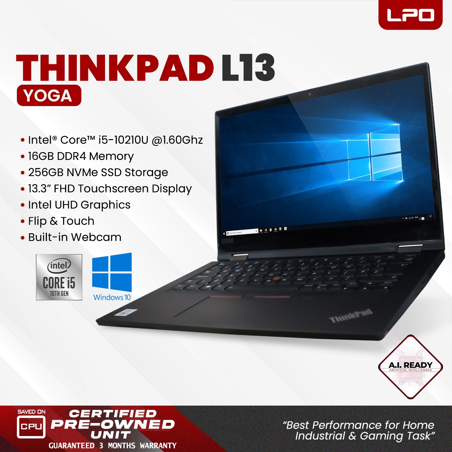 Laptop Lenovo Thinkpad L13 Yoga Intel Core i5-10210U 1.60Ghz 16GB DDR4 256GB NVMe SSD Intel UHD 13.3